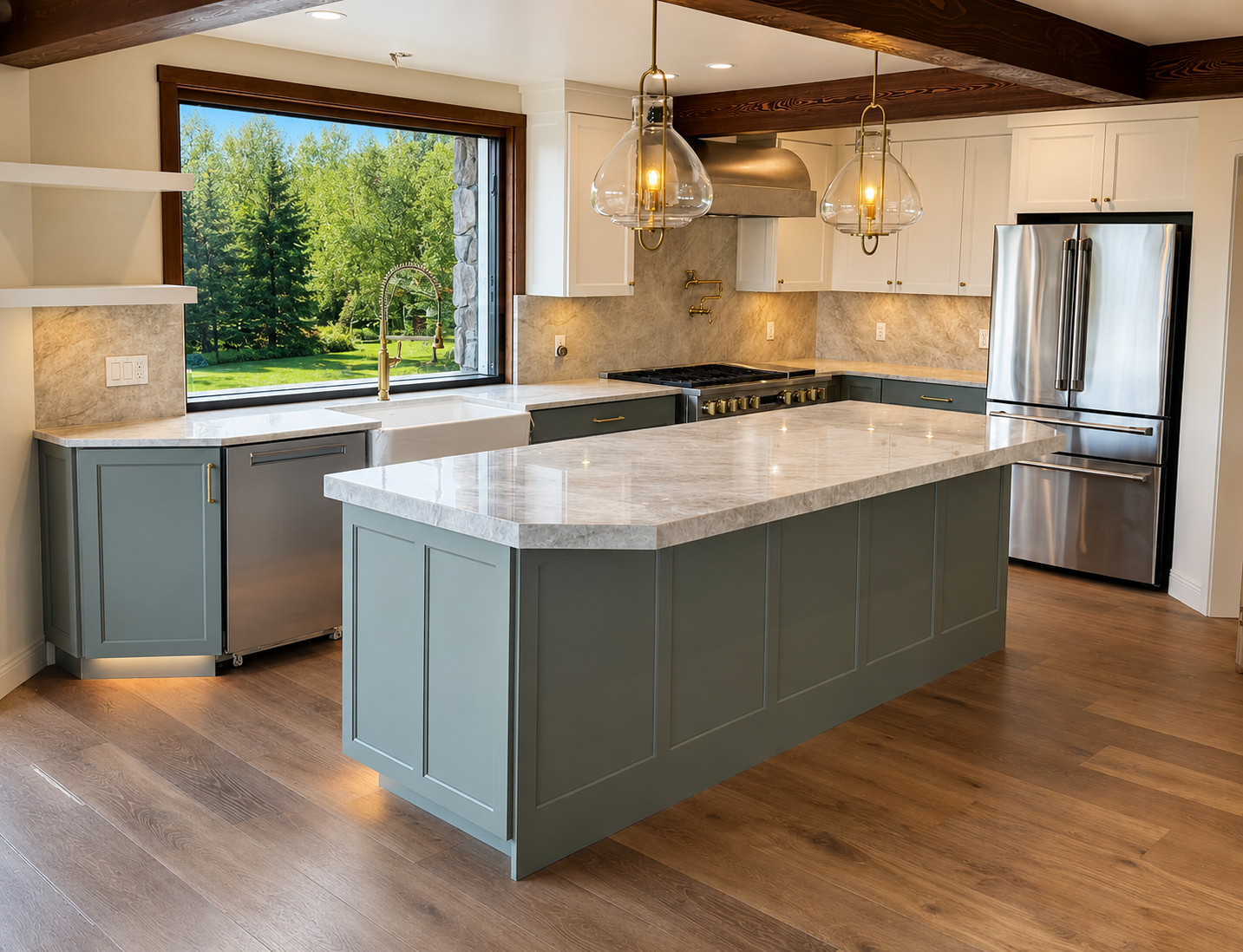 Custom stone kitchen island with waterfall countertop