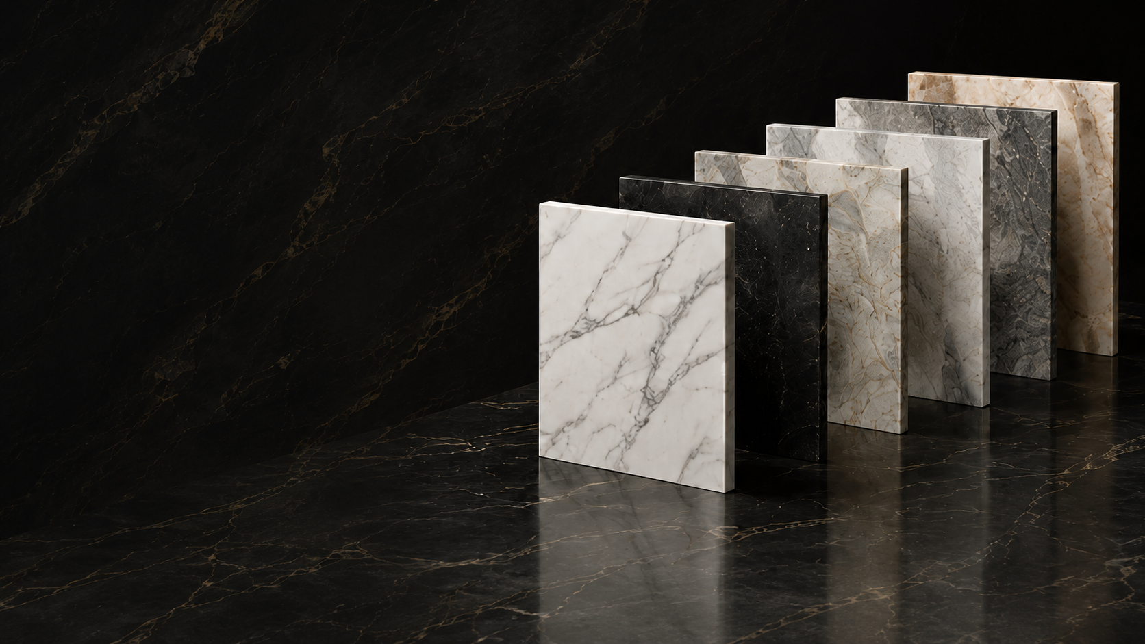 Upright stone slabs on display in a showroom